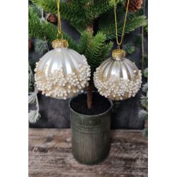 Julekugle/glaskugle til ophng, hvid og lys slv m. riller og perler ass.